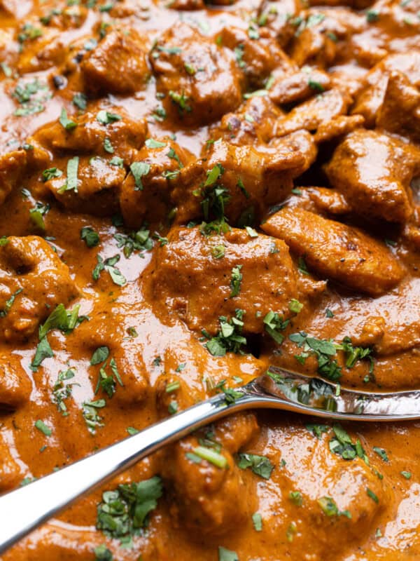 Butter Chicken (Murgh Makhani) with silver spoon